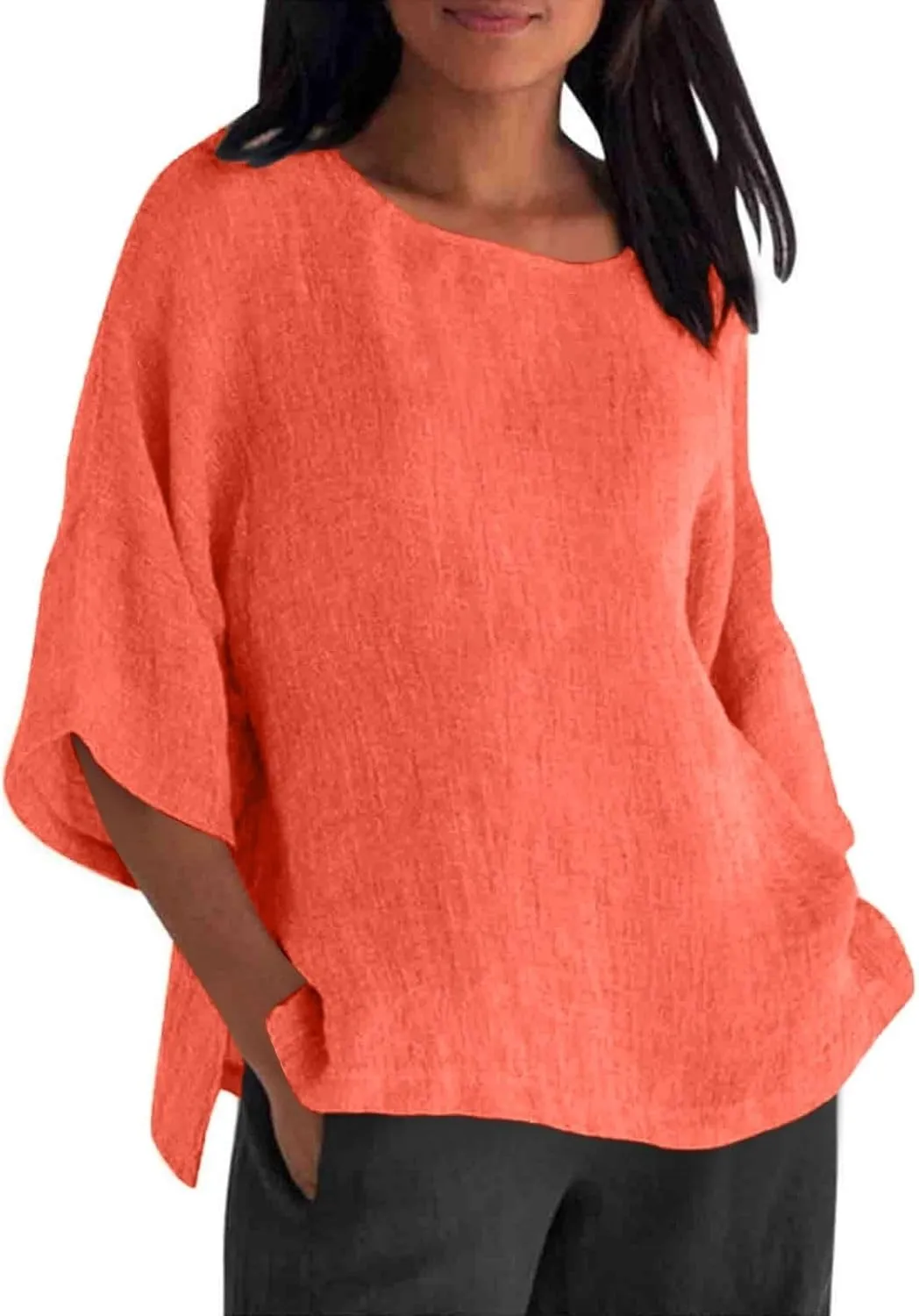 Women's Linen Shirts Casual 3/4 Sleeve Crewneck Solid Color Tunic Tops Loose Fit Plus Size Spring Fall Blouses