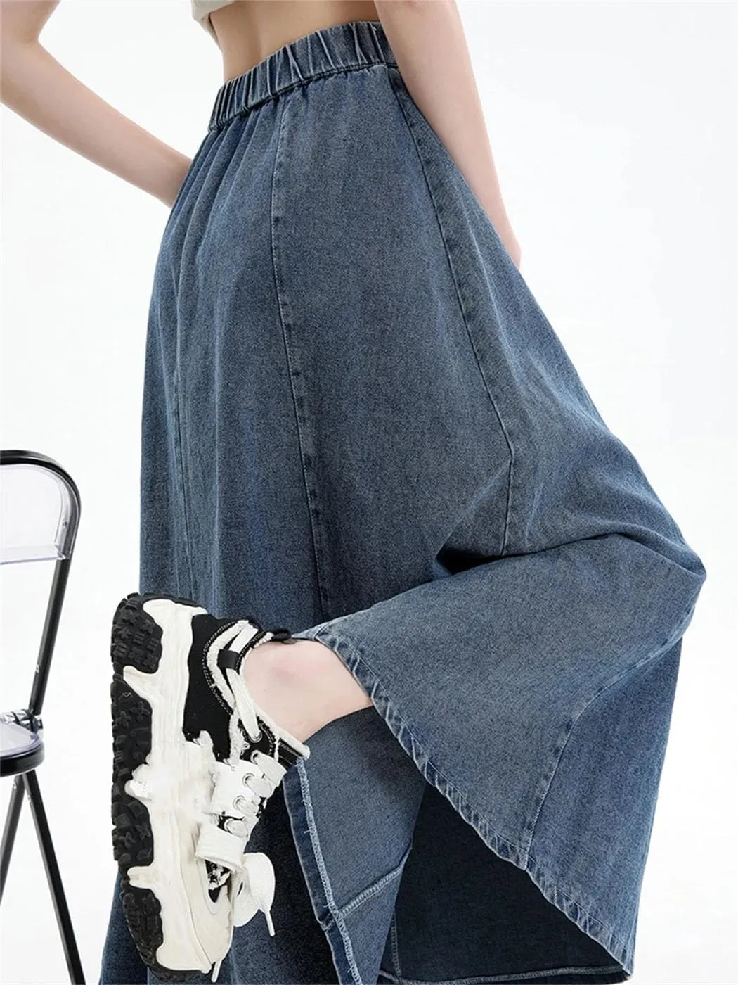 Women's Long Denim Skirt 2025 Spring Summer Elastic High Waist A Line Jeans Skirt Korean Casual Blue Skirts