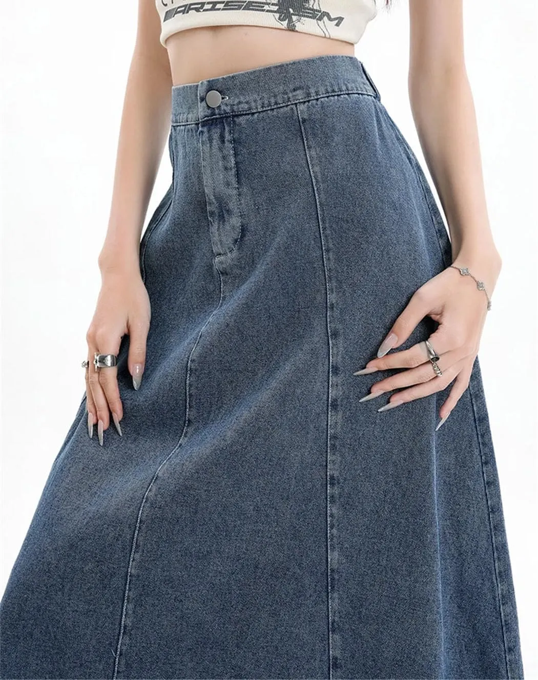 Women's Long Denim Skirt 2025 Spring Summer Elastic High Waist A Line Jeans Skirt Korean Casual Blue Skirts