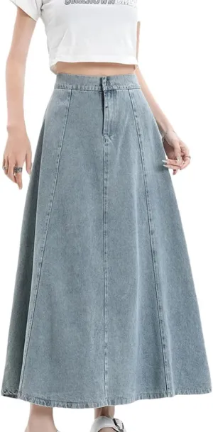 Women's Long Denim Skirt 2025 Spring Summer Elastic High Waist A Line Jeans Skirt Korean Casual Blue Skirts