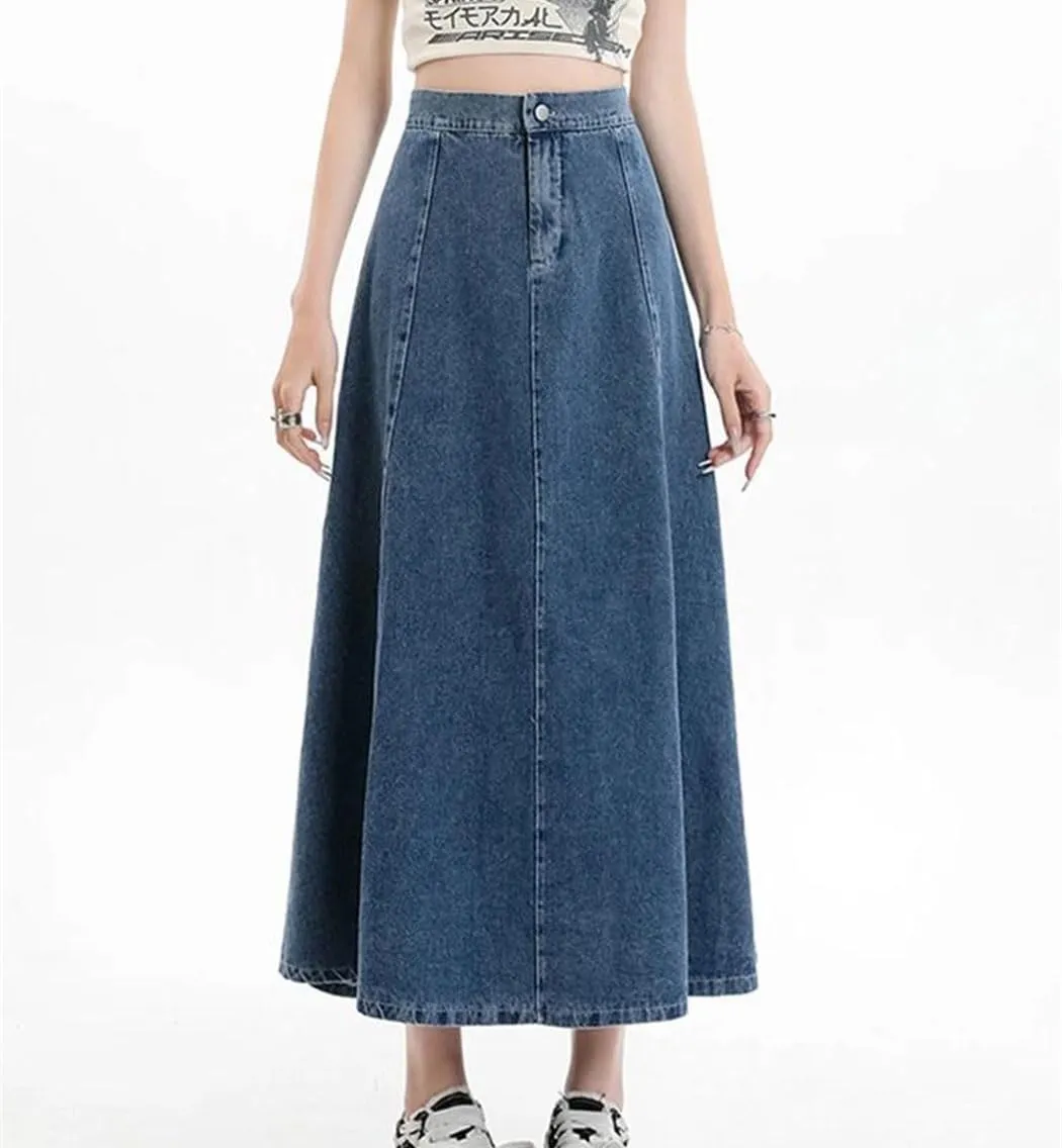 Women's Long Denim Skirt 2025 Spring Summer Elastic High Waist A Line Jeans Skirt Korean Casual Blue Skirts