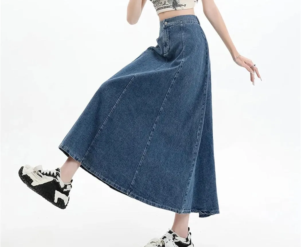 Women's Long Denim Skirt 2025 Spring Summer Elastic High Waist A Line Jeans Skirt Korean Casual Blue Skirts