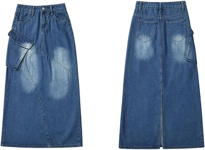 Women's Long Denim Skirt Split Back Irregular Jean Skirt 2025 Korean Style Fashion Blue Color Skirts