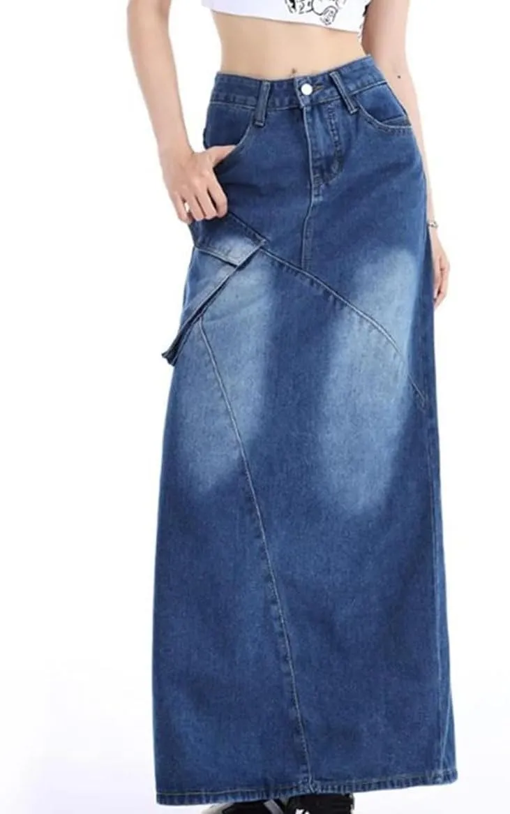Women's Long Denim Skirt Split Back Irregular Jean Skirt 2025 Korean Style Fashion Blue Color Skirts