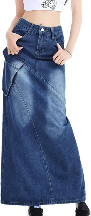 Women's Long Denim Skirt Split Back Irregular Jean Skirt 2025 Korean Style Fashion Blue Color Skirts