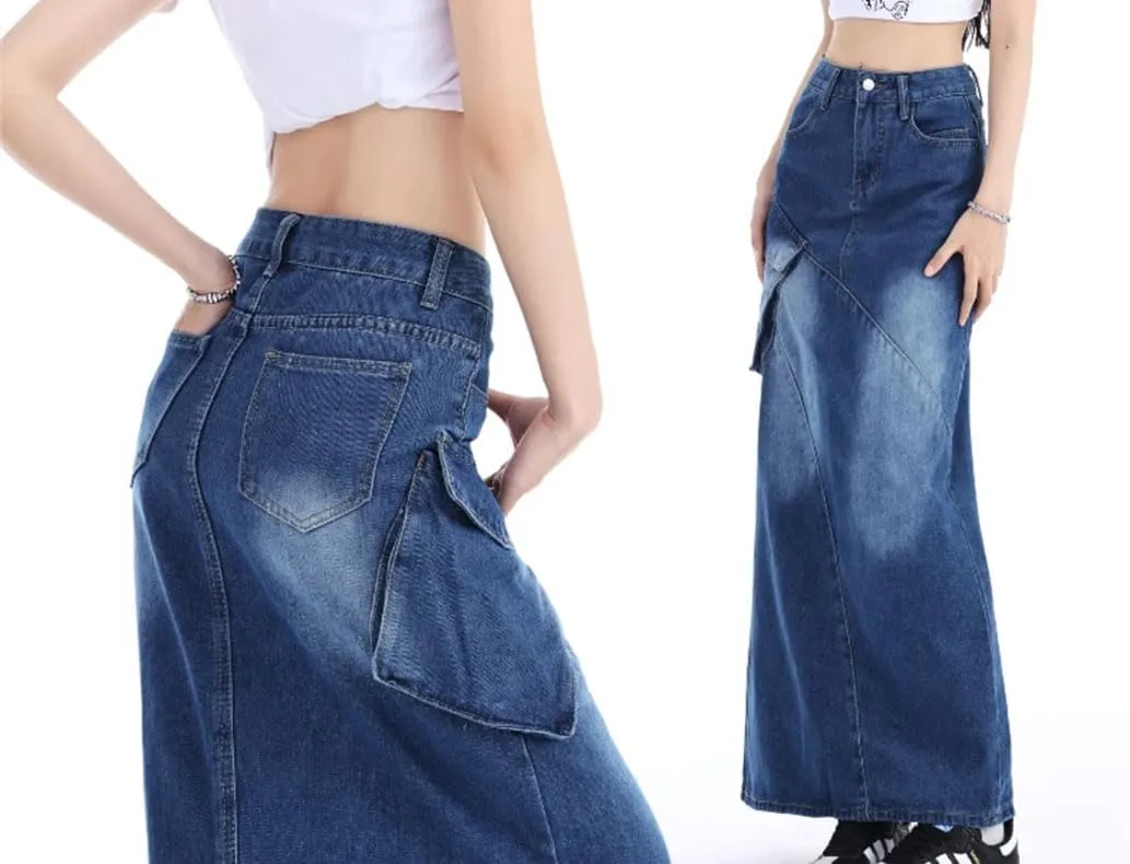 Women's Long Denim Skirt Split Back Irregular Jean Skirt 2025 Korean Style Fashion Blue Color Skirts