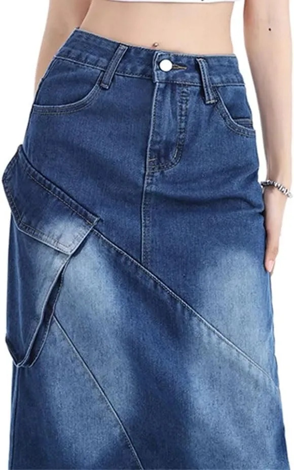 Women's Long Denim Skirt Split Back Irregular Jean Skirt 2025 Korean Style Fashion Blue Color Skirts