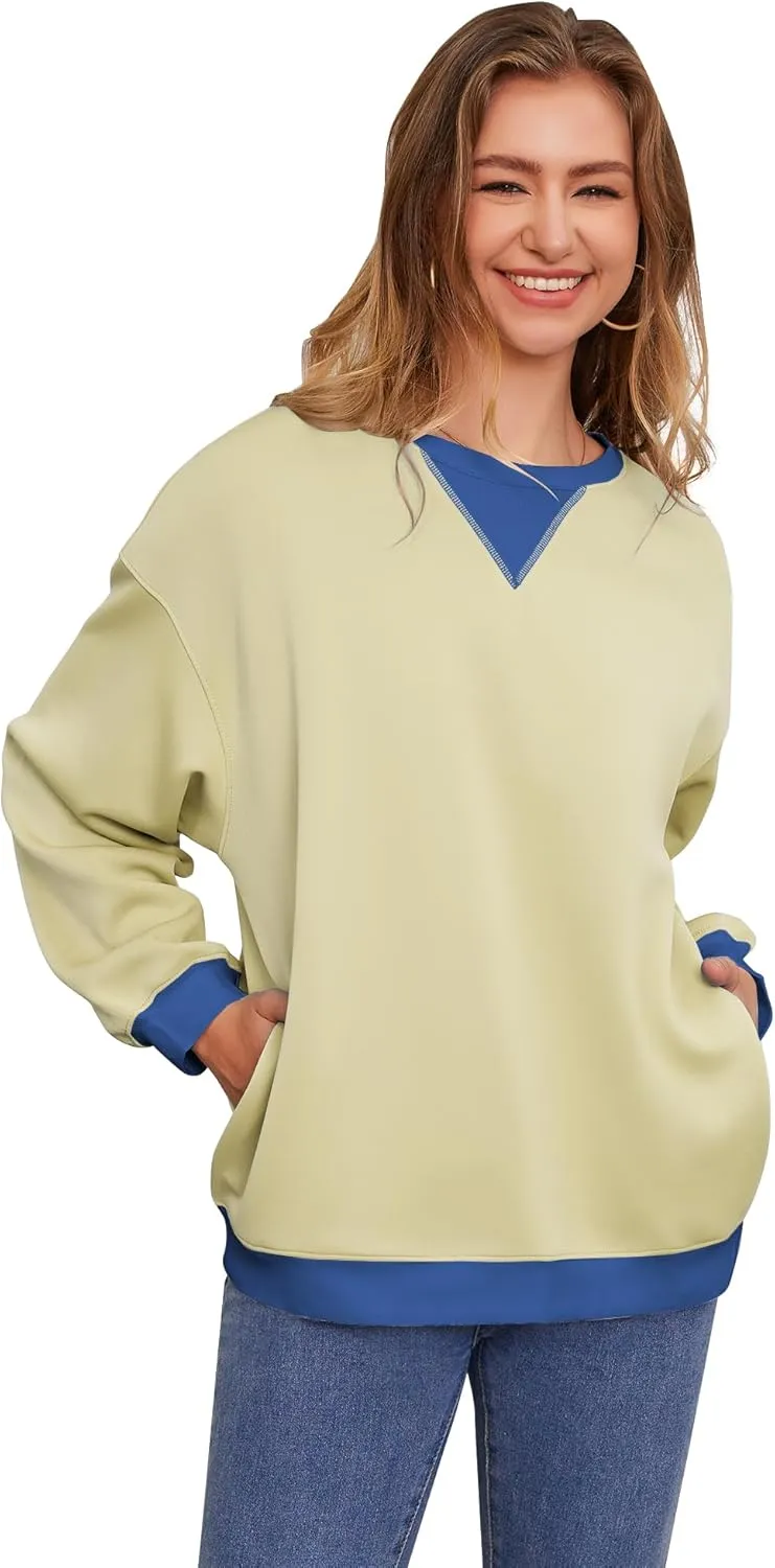Womens Long Sleeve Color Block Sweatshirts Y2K Crew Neck Oversized Pullover Fall Sweaters Tops with Two Pockets