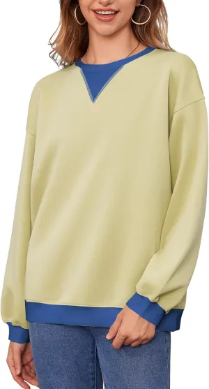Womens Long Sleeve Color Block Sweatshirts Y2K Crew Neck Oversized Pullover Fall Sweaters Tops with Two Pockets