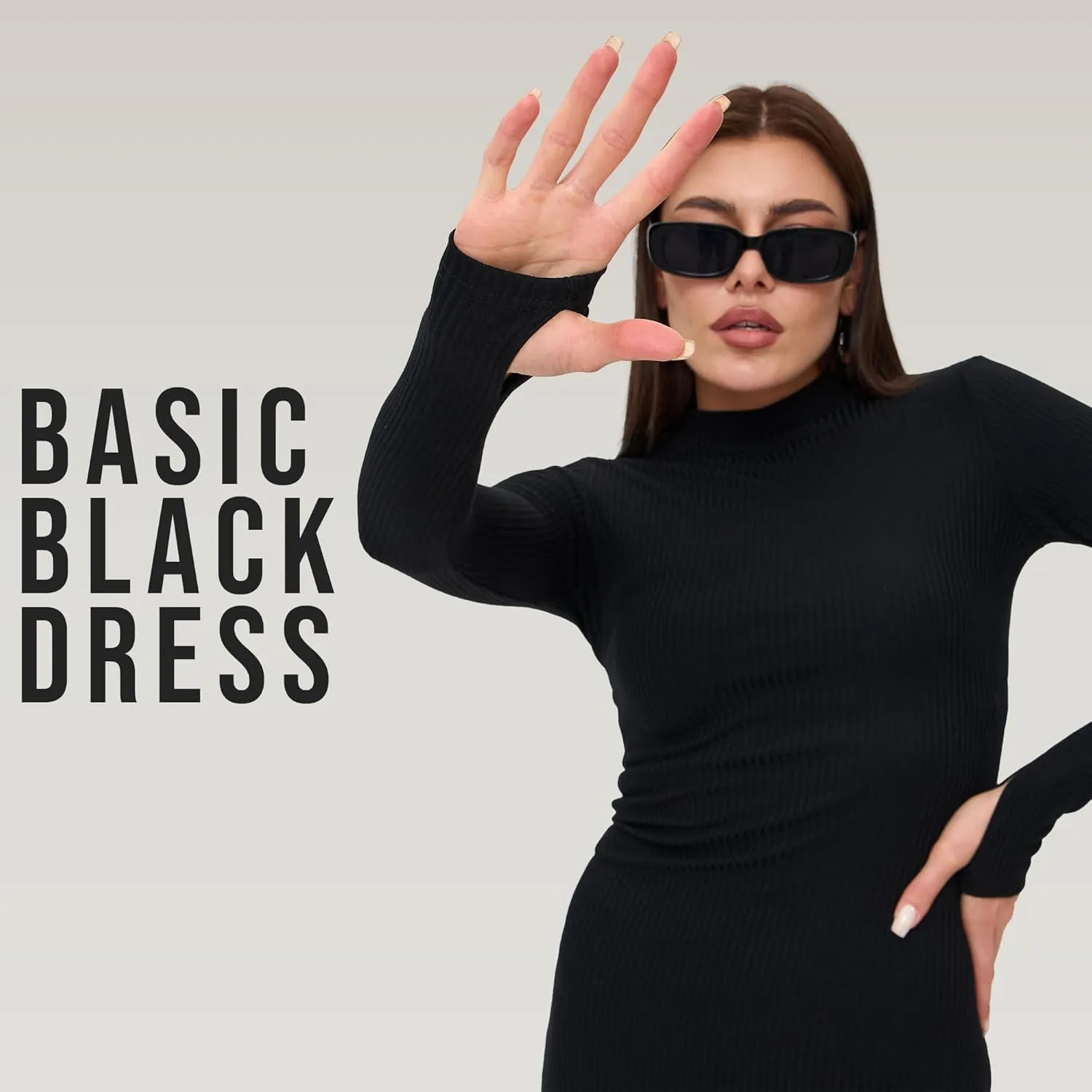 Womens Long Sleeve Mini Dress - Sexy Black Ribbed Bodycon - Short, Longsleeve, Fitted, Basic Dresses