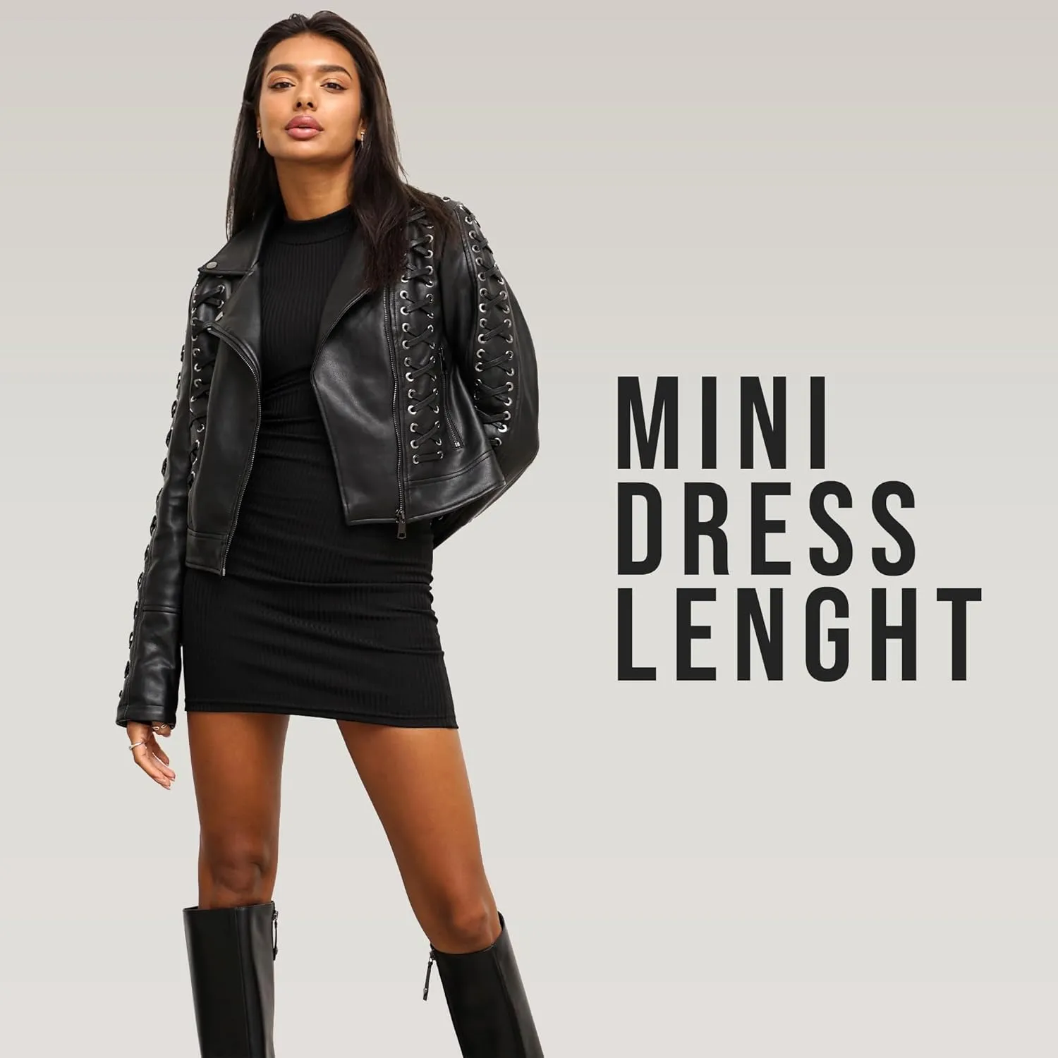 Womens Long Sleeve Mini Dress - Sexy Black Ribbed Bodycon - Short, Longsleeve, Fitted, Basic Dresses
