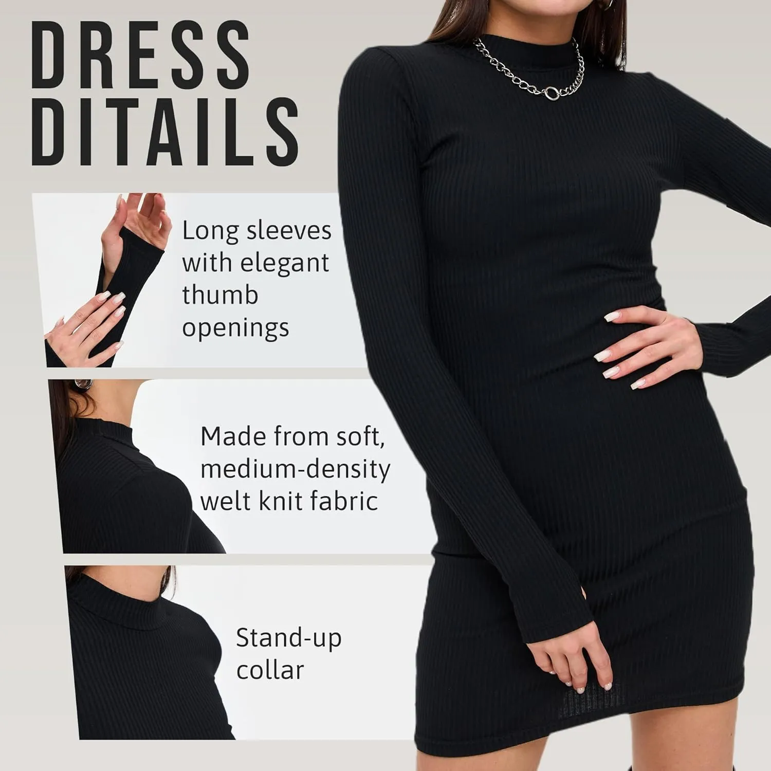 Womens Long Sleeve Mini Dress - Sexy Black Ribbed Bodycon - Short, Longsleeve, Fitted, Basic Dresses