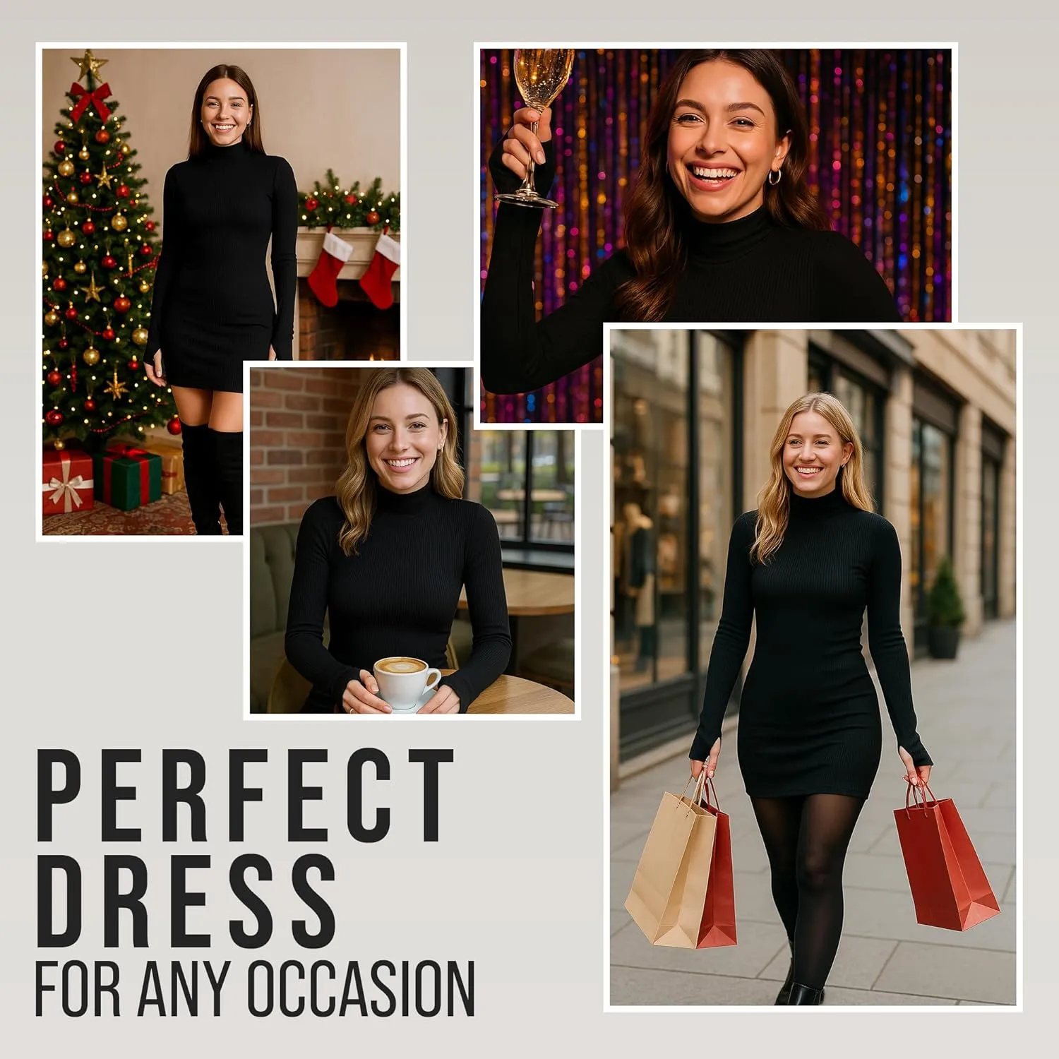 Womens Long Sleeve Mini Dress - Sexy Black Ribbed Bodycon - Short, Longsleeve, Fitted, Basic Dresses