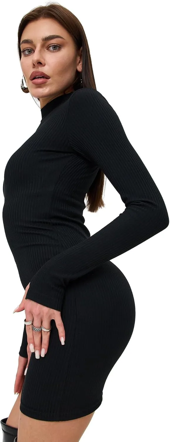 Womens Long Sleeve Mini Dress - Sexy Black Ribbed Bodycon - Short, Longsleeve, Fitted, Basic Dresses