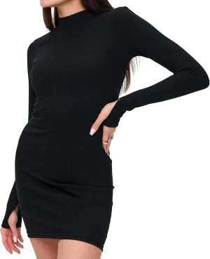 Womens Long Sleeve Mini Dress - Sexy Black Ribbed Bodycon - Short, Longsleeve, Fitted, Basic Dresses