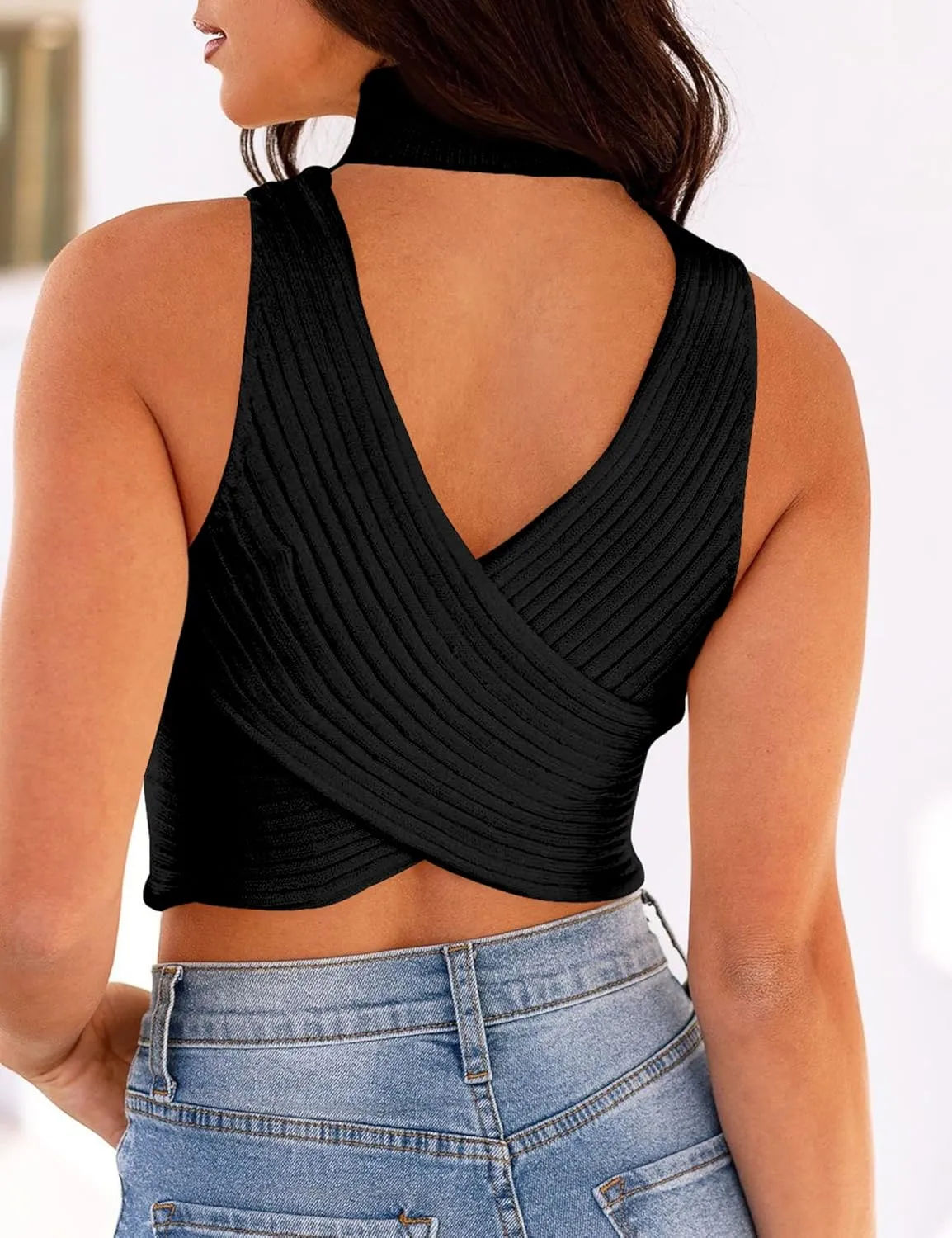 Women's Mock Neck Knit Sweater Vest Sleeveless Crossback Crop Tops Cute Sexy Ribbed Pullover Tank Tops
