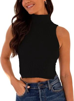 Women's Mock Neck Knit Sweater Vest Sleeveless Crossback Crop Tops Cute Sexy Ribbed Pullover Tank Tops