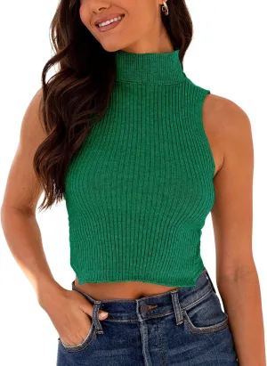 Women's Mock Neck Knit Sweater Vest Sleeveless Crossback Crop Tops Cute Sexy Ribbed Pullover Tank Tops
