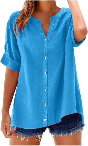 Women's Oversized Button Down Shirts Summer Cotton Linen Blouse V-Neck Short Sleeve Loose Tunic Tops Office Work Tees