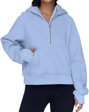 Womens Oversized Hoodies Spring Fall Casual Quarter Zip Hooded Pullover Kangaroo Pocket Thumb Hole