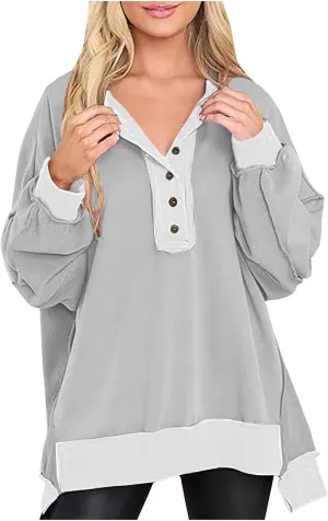 Women's Oversized Sweatshirt Casual Long Sleeve Button Henley Neck Pullover Tunic Tops Outfits Spring Fall Pullover