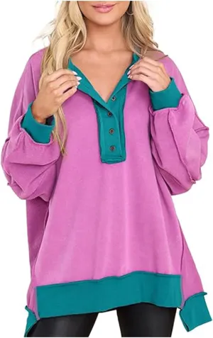Womens Oversized Sweatshirts Long Sleeve Henley Neck Button Down Pullover Hoodies 2024 High Low Trendy Fall Clothes