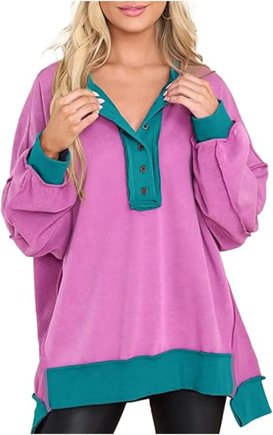 Womens Oversized Sweatshirts Long Sleeve Henley Neck Button Down Pullover Hoodies 2024 High Low Trendy Fall Clothes