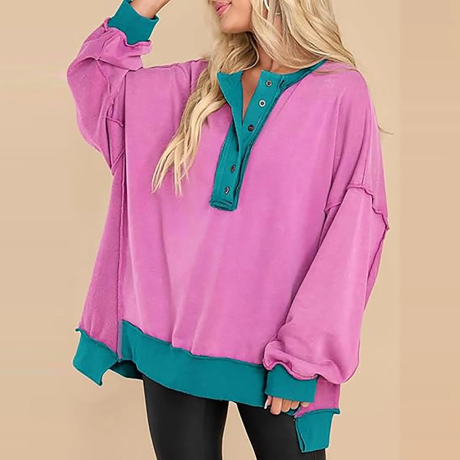 Womens Oversized Sweatshirts Long Sleeve Henley Neck Button Down Pullover Hoodies 2024 High Low Trendy Fall Clothes