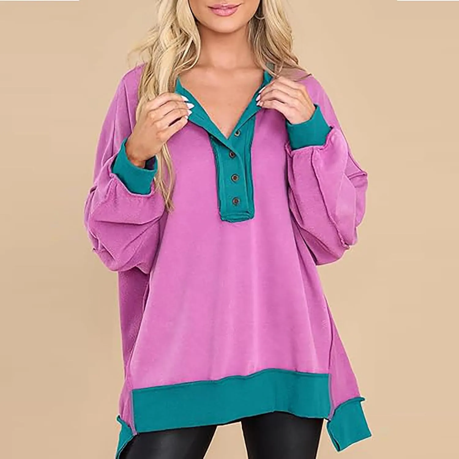 Womens Oversized Sweatshirts Long Sleeve Henley Neck Button Down Pullover Hoodies 2024 High Low Trendy Fall Clothes