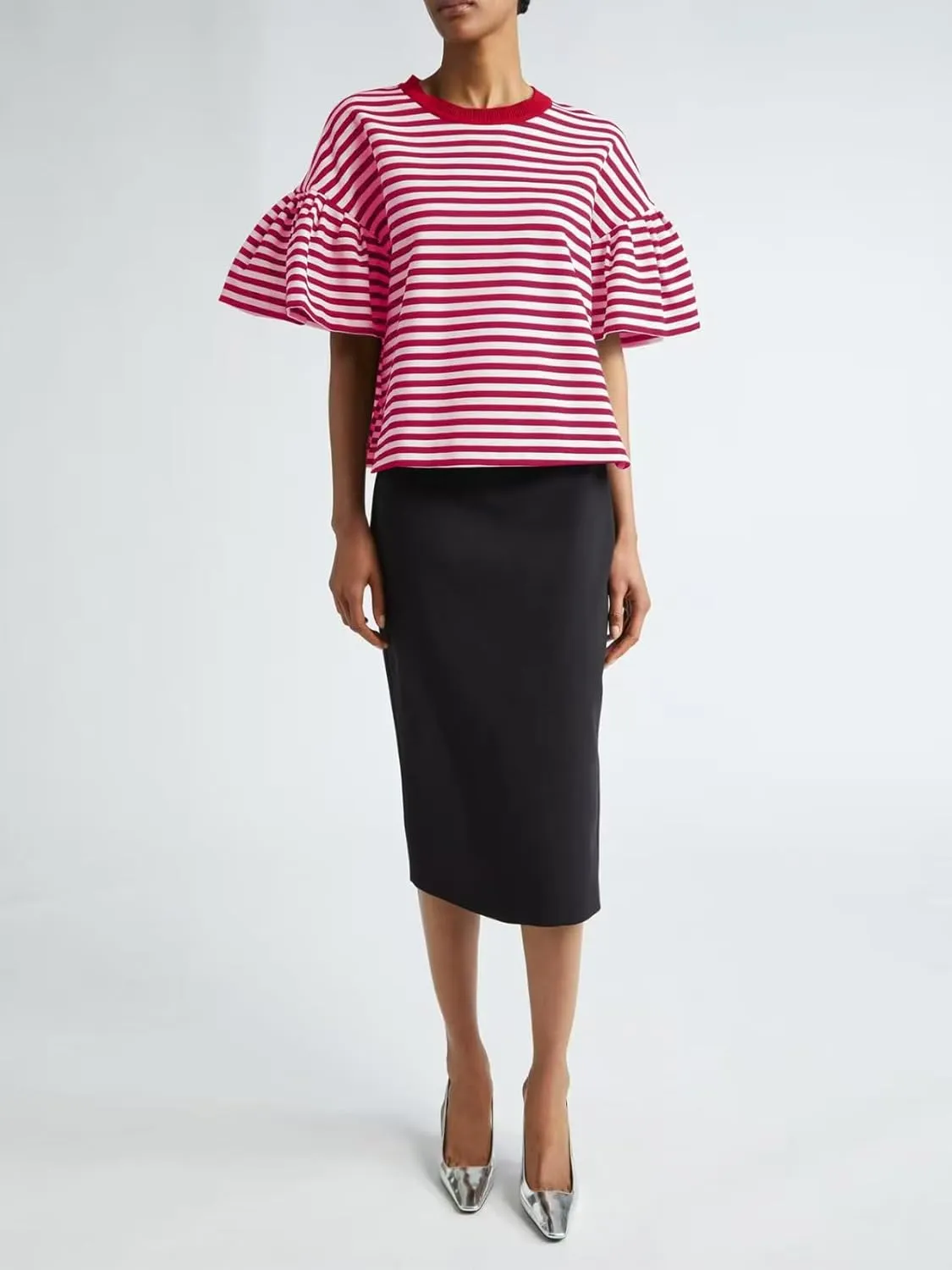 Women's Oversized T-Shirt Crew-Neck Striped Flared Short-Sleeved Top Loose Casual Fashion Summer Top