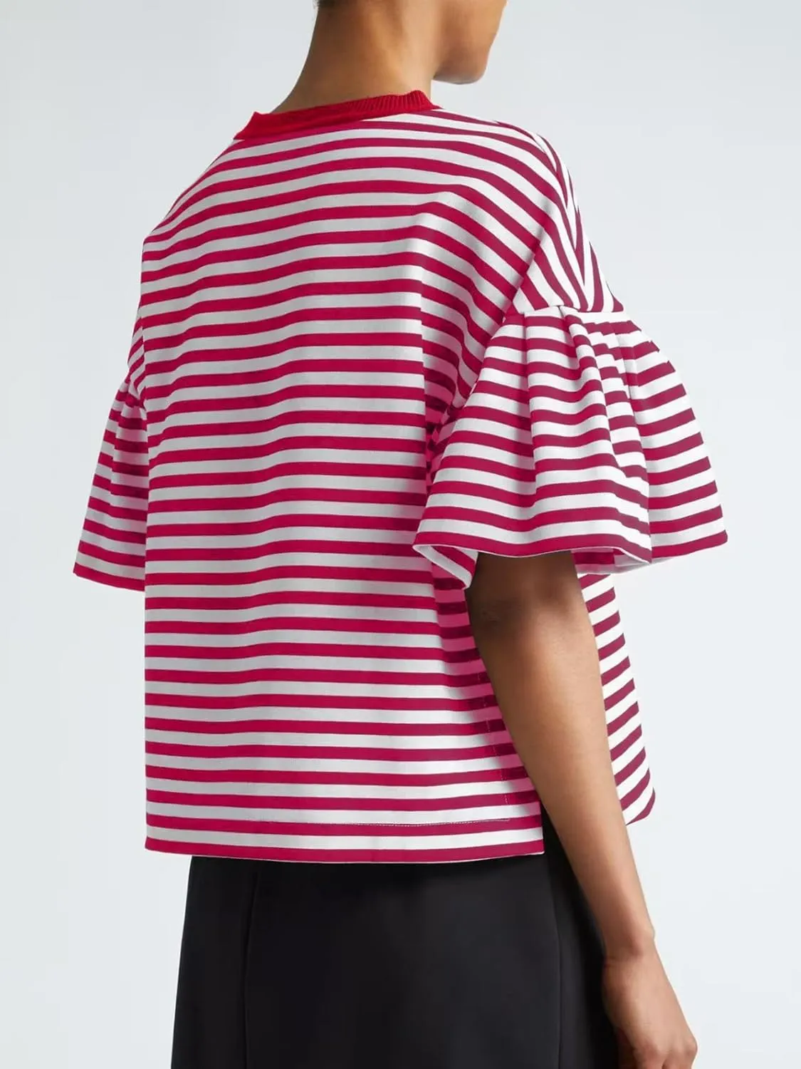 Women's Oversized T-Shirt Crew-Neck Striped Flared Short-Sleeved Top Loose Casual Fashion Summer Top