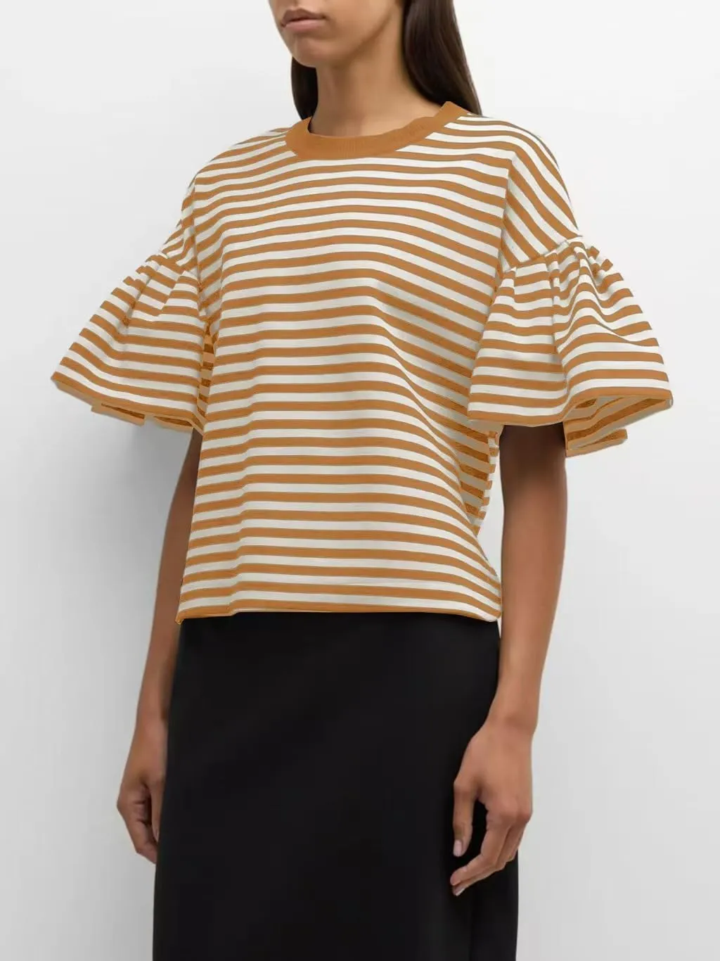 Women's Oversized T-Shirt Crew-Neck Striped Flared Short-Sleeved Top Loose Casual Fashion Summer Top