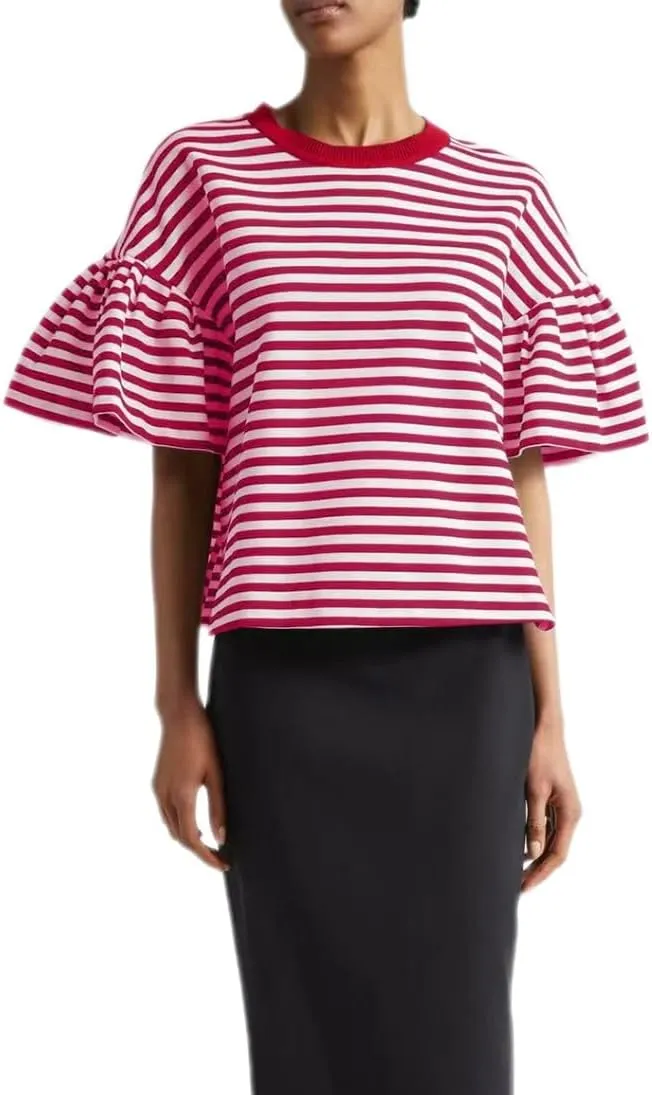 Women's Oversized T-Shirt Crew-Neck Striped Flared Short-Sleeved Top Loose Casual Fashion Summer Top