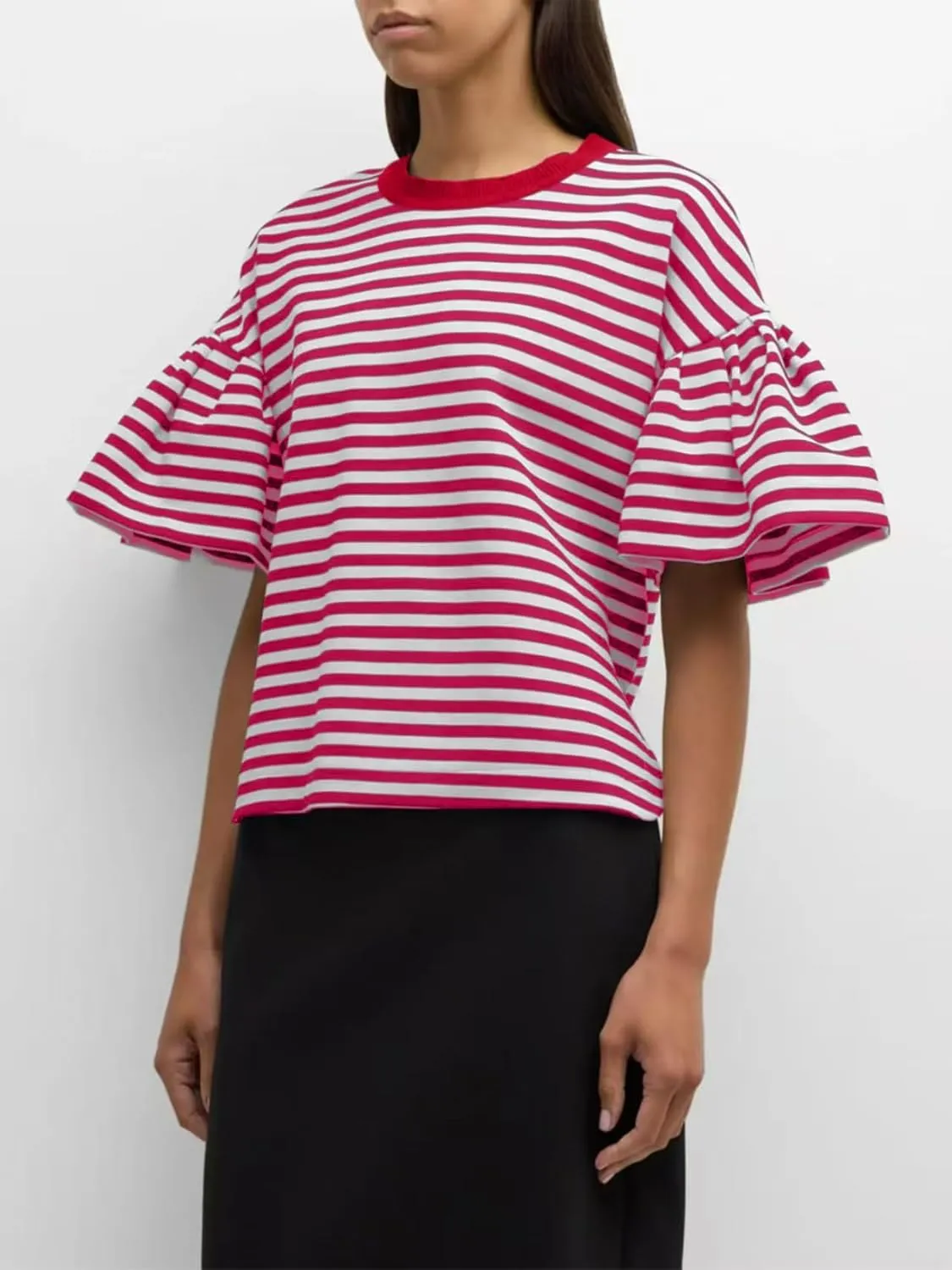 Women's Oversized T-Shirt Crew-Neck Striped Flared Short-Sleeved Top Loose Casual Fashion Summer Top