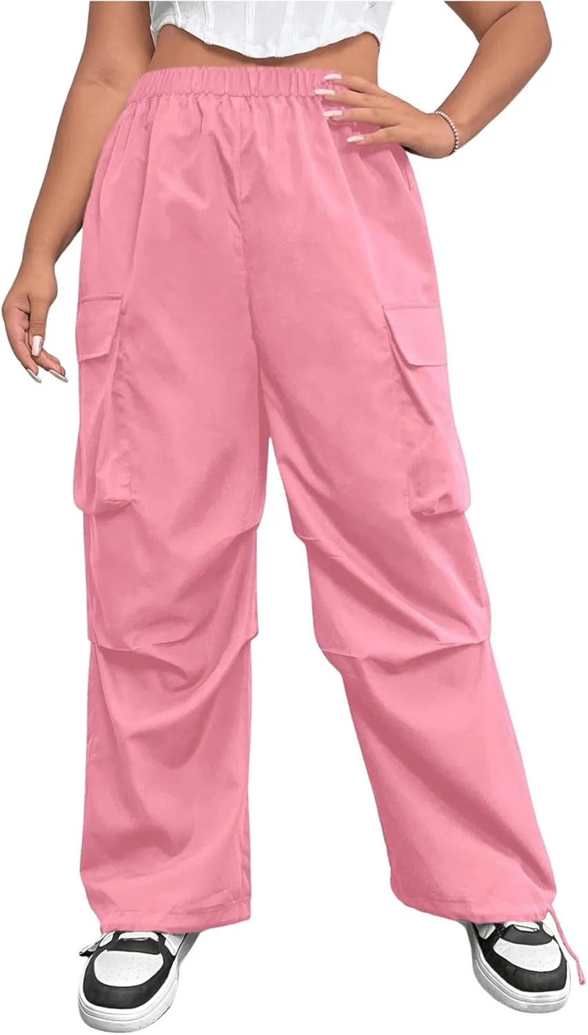 Women's Plus Size Cargo Pants Elastic Waist Flap Pocket Straight Leg Workout Pants Streetwear Trousers