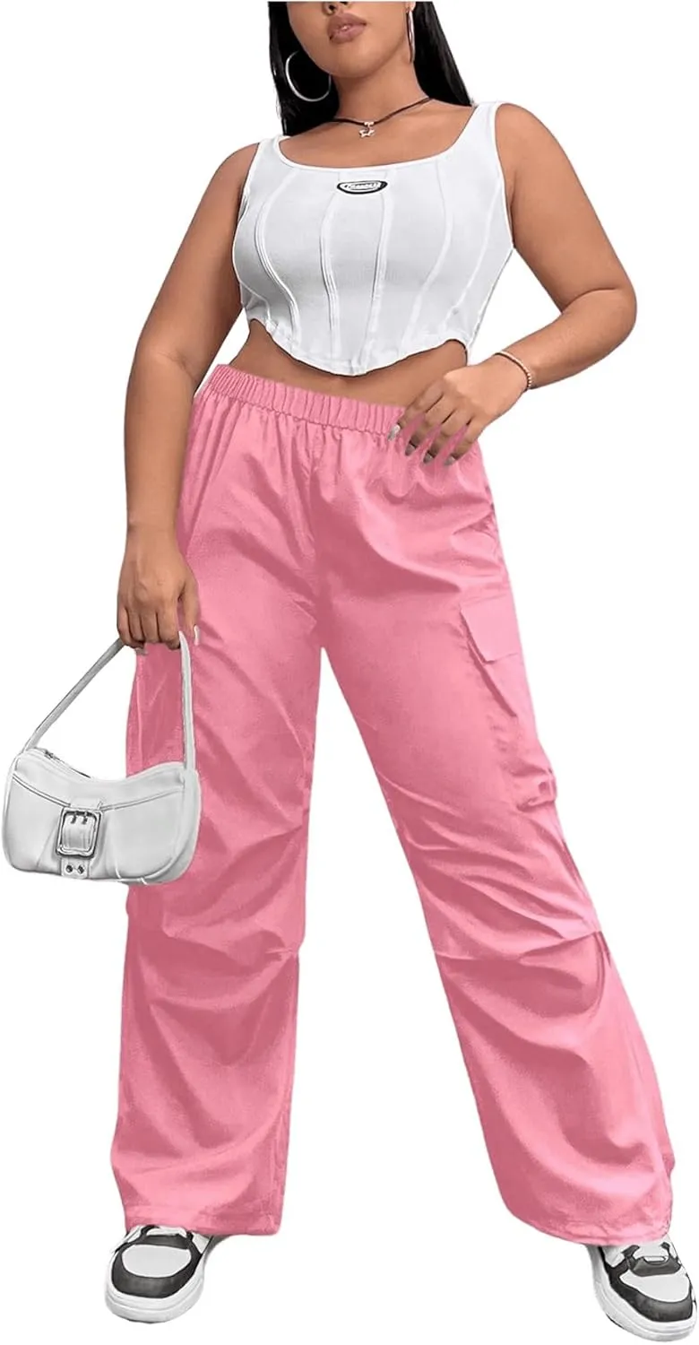 Women's Plus Size Cargo Pants Elastic Waist Flap Pocket Straight Leg Workout Pants Streetwear Trousers