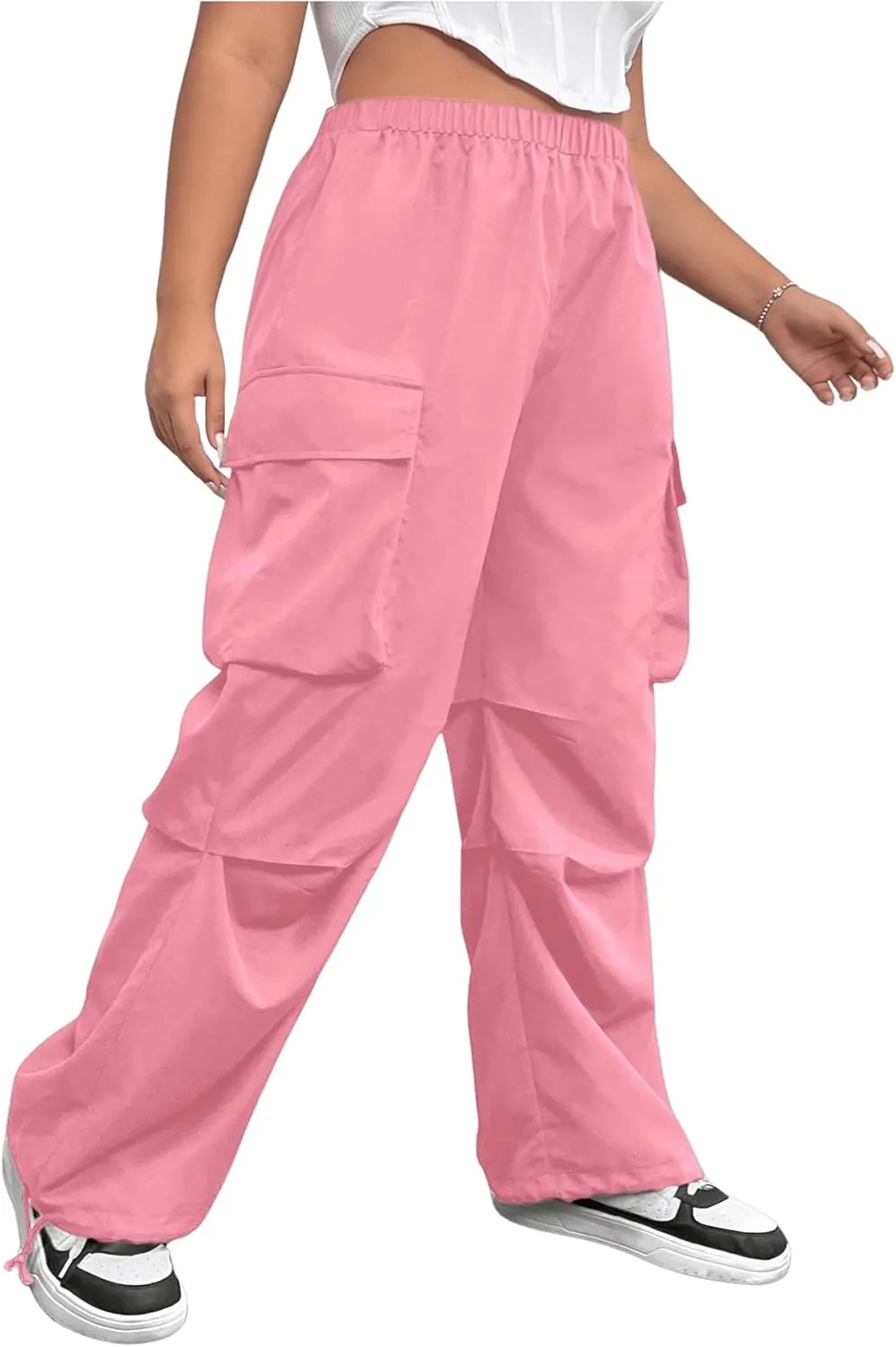 Women's Plus Size Cargo Pants Elastic Waist Flap Pocket Straight Leg Workout Pants Streetwear Trousers