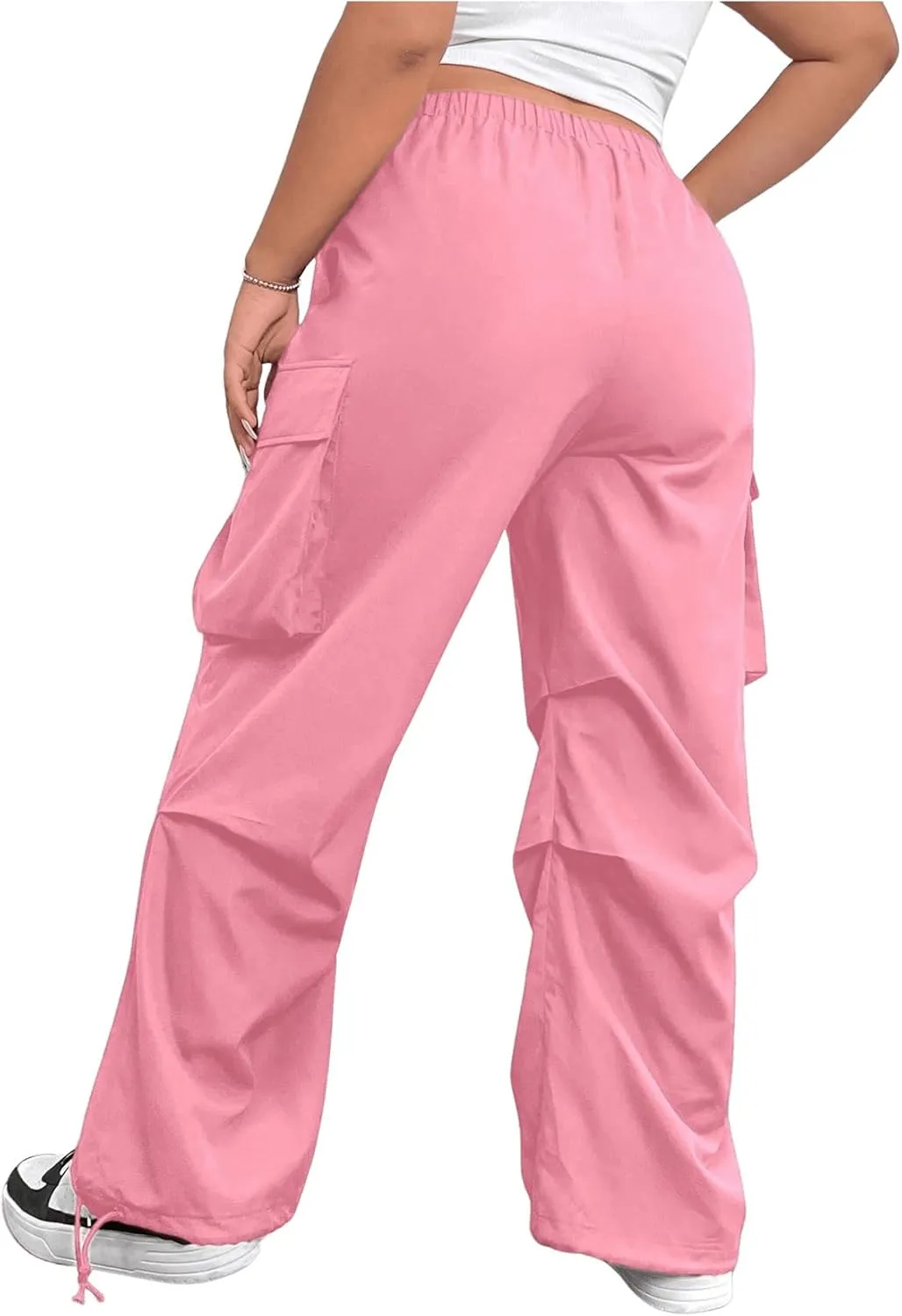 Women's Plus Size Cargo Pants Elastic Waist Flap Pocket Straight Leg Workout Pants Streetwear Trousers