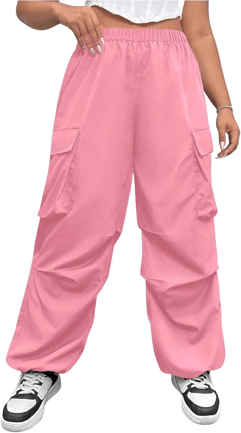 Women's Plus Size Cargo Pants Elastic Waist Flap Pocket Straight Leg Workout Pants Streetwear Trousers