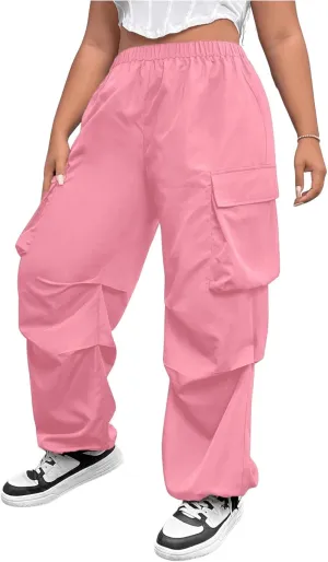 Women's Plus Size Cargo Pants Elastic Waist Flap Pocket Straight Leg Workout Pants Streetwear Trousers