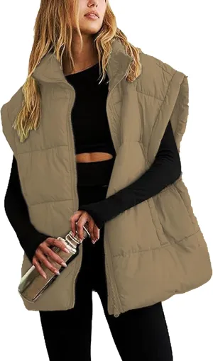 Womens Quilted Puffer Vest Sleeveless Zip up Jacket Stand Collar Padded Gilet Coat with Pockets