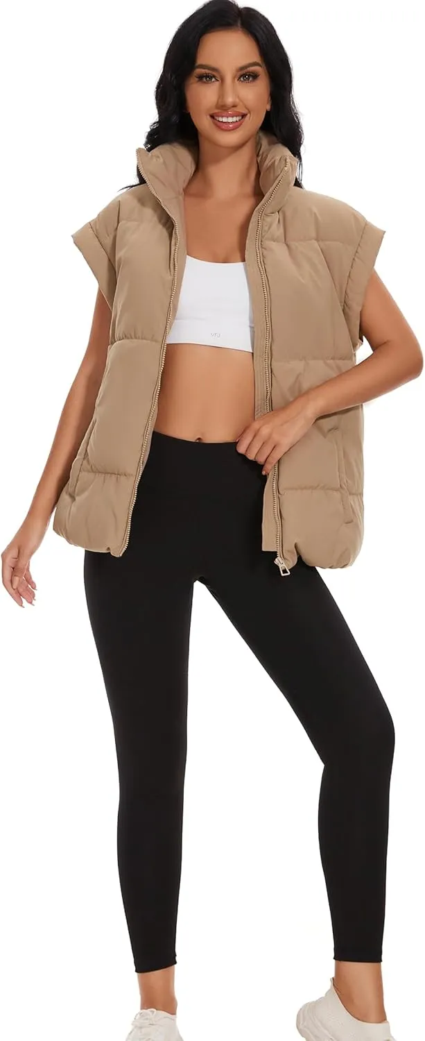Womens Quilted Puffer Vest Sleeveless Zip up Jacket Stand Collar Padded Gilet Coat with Pockets