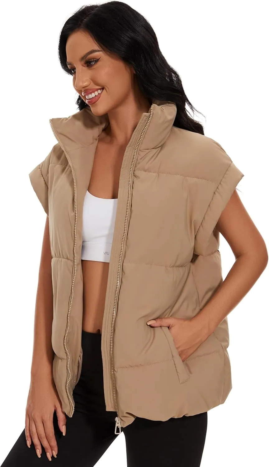 Womens Quilted Puffer Vest Sleeveless Zip up Jacket Stand Collar Padded Gilet Coat with Pockets