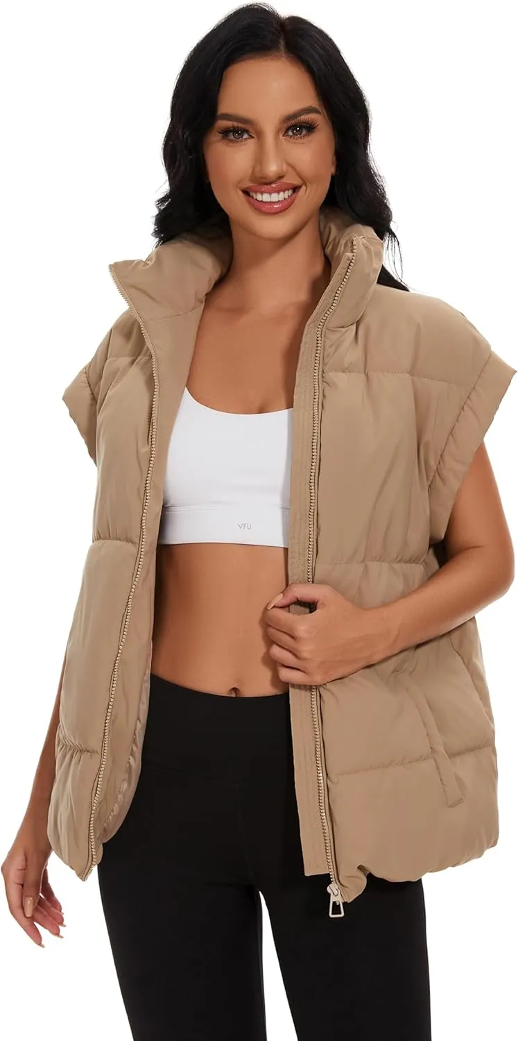 Womens Quilted Puffer Vest Sleeveless Zip up Jacket Stand Collar Padded Gilet Coat with Pockets