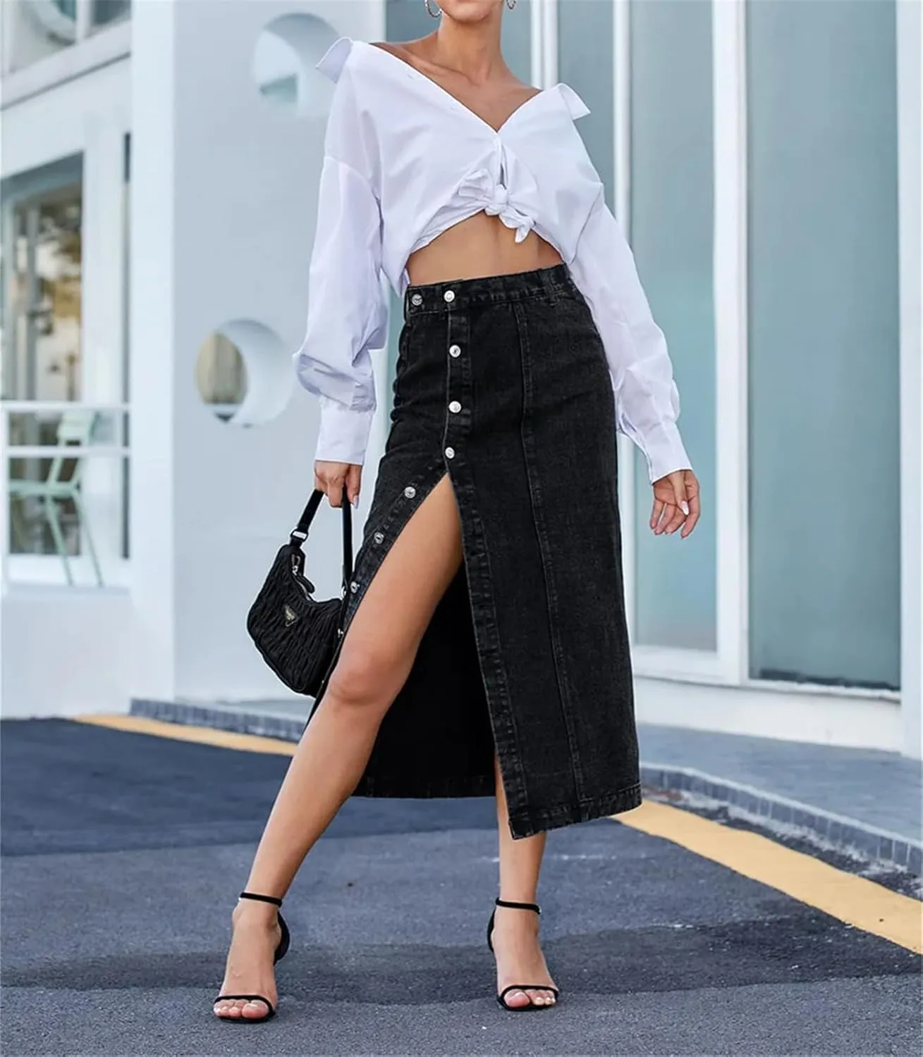 Women's Sexy Streetwear Single Breasted Denim Skirt High Waist Casual Bodycon Long Skirts