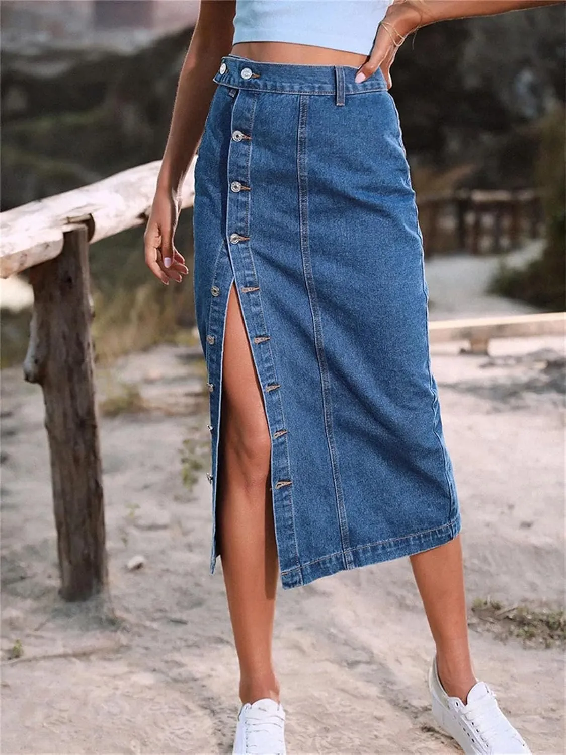 Women's Sexy Streetwear Single Breasted Denim Skirt High Waist Casual Bodycon Long Skirts