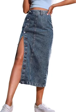 Women's Sexy Streetwear Single Breasted Denim Skirt High Waist Casual Bodycon Long Skirts