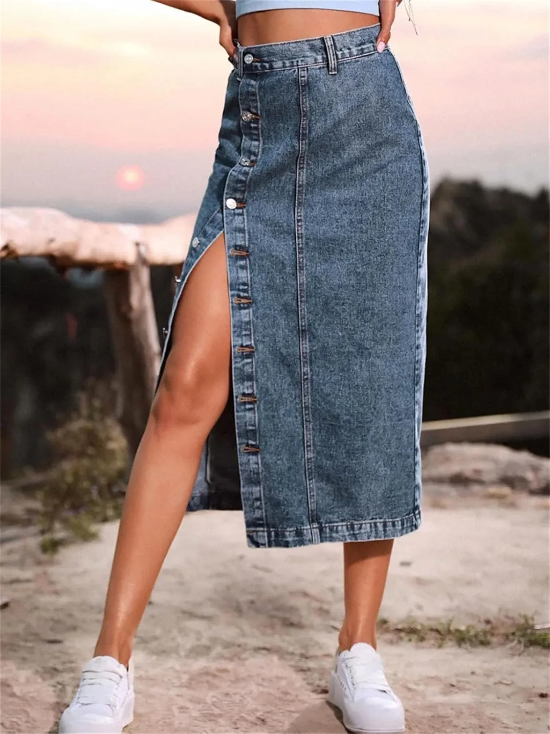 Women's Sexy Streetwear Single Breasted Denim Skirt High Waist Casual Bodycon Long Skirts