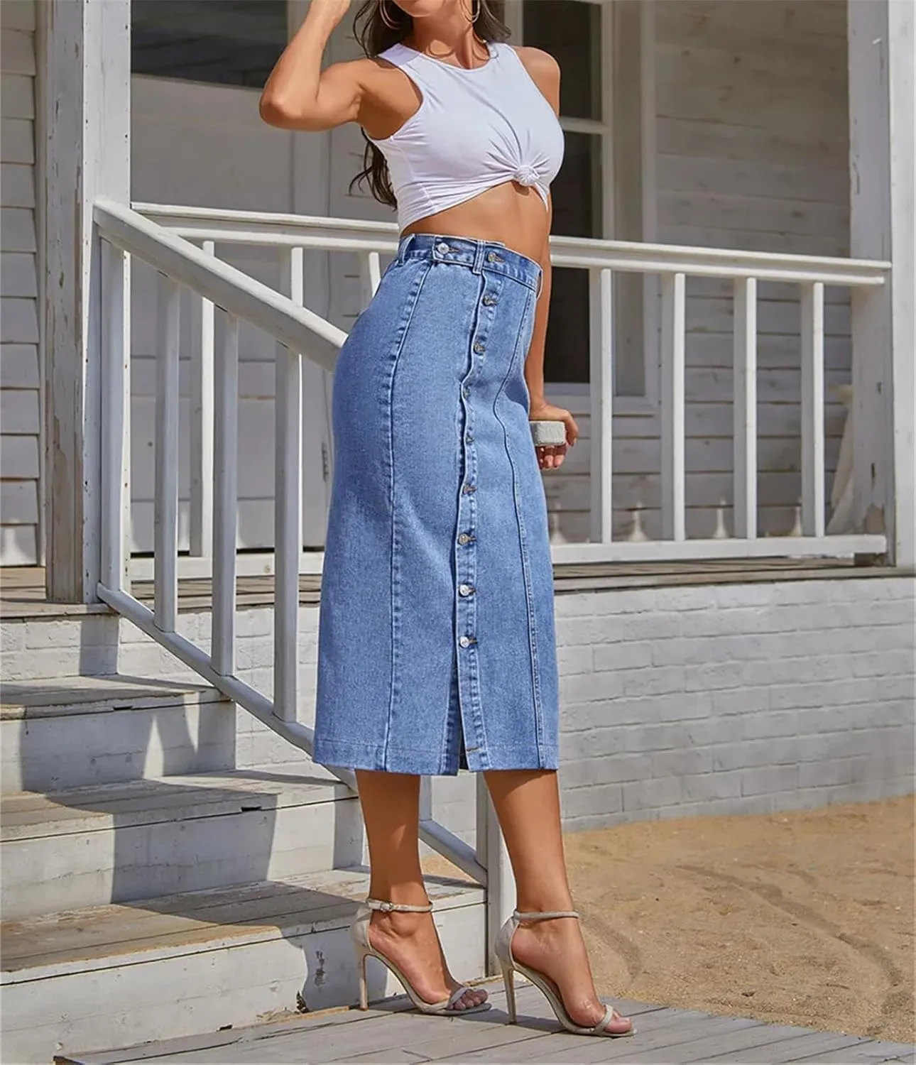 Women's Sexy Streetwear Single Breasted Denim Skirt High Waist Casual Bodycon Long Skirts