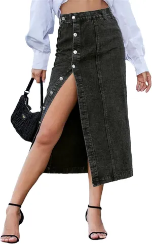 Women's Sexy Streetwear Single Breasted Denim Skirt High Waist Casual Bodycon Long Skirts